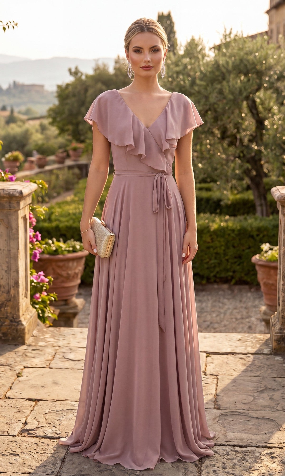 A woman in a mocha, floor-length Chicas C2403 ruffled chiffon dress stands outdoors holding a clutch, surrounded by greenery and stone planters in a garden setting.